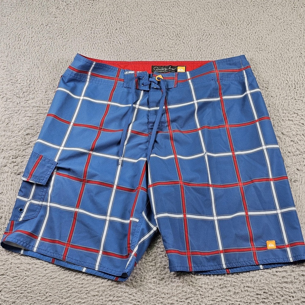 Quiksilver Waterman Board Shorts Mens 32 Blue Plaid Cargo Swim Trunks Pocket